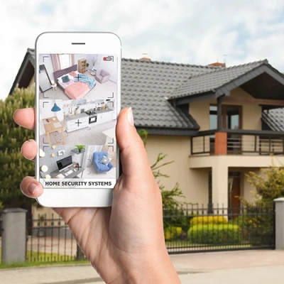 Fayetteville vivint phone display of cctv live feed in front of a house
